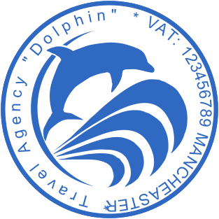 Create a 40mm Blue Round Travel Agency Stamp with a Dolphin Logo