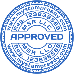 Round stamp with information about business and APPROVED sign №1575